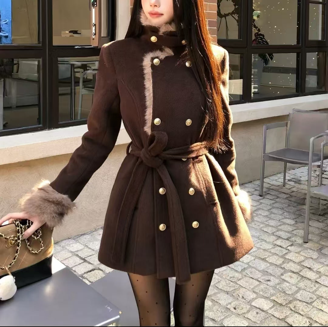 RR Brown Faux Fur Collar Winter Coat for Women | Belted Double Breasted Overcoat
