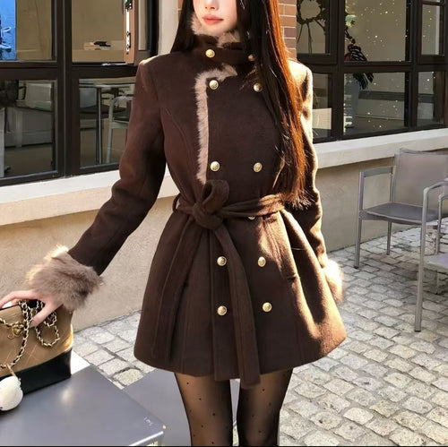 RR Brown Faux Fur Collar Winter Coat for Women | Belted Double Breasted Overcoat