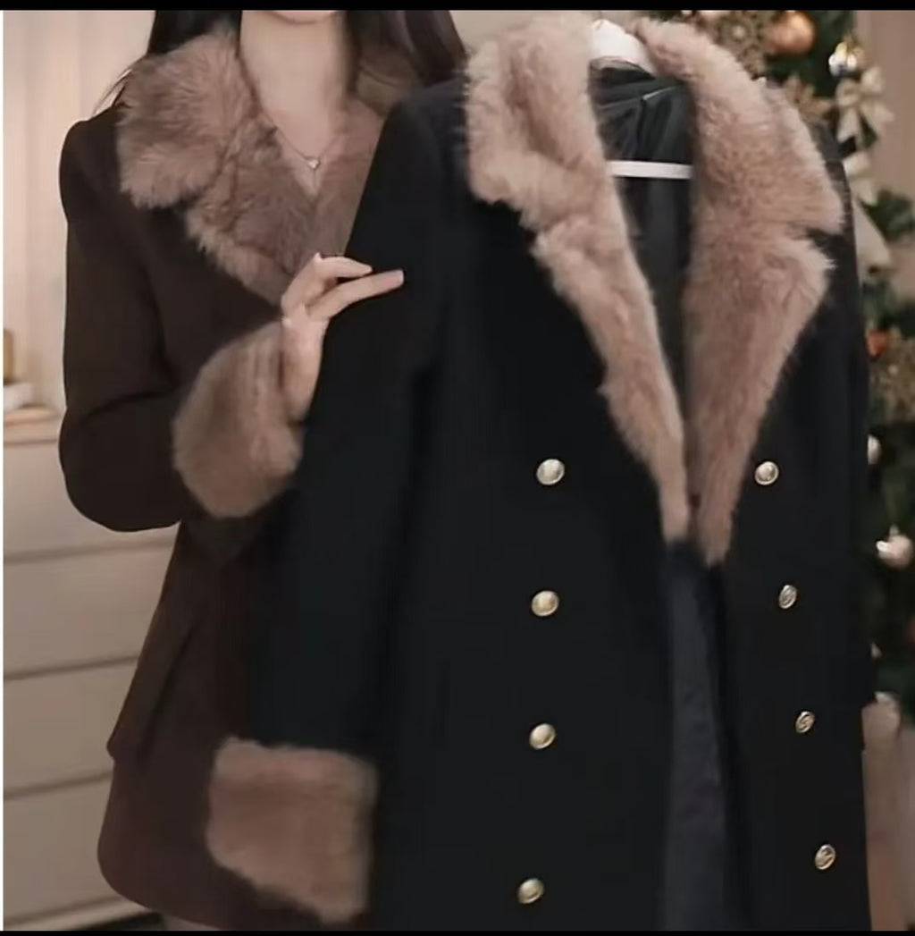 RR Brown Faux Fur Collar Winter Coat for Women | Belted Double Breasted Overcoat