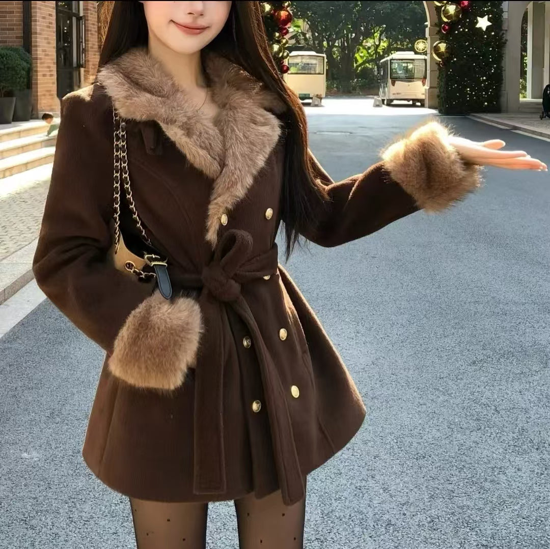 RR Brown Faux Fur Collar Winter Coat for Women | Belted Double Breasted Overcoat