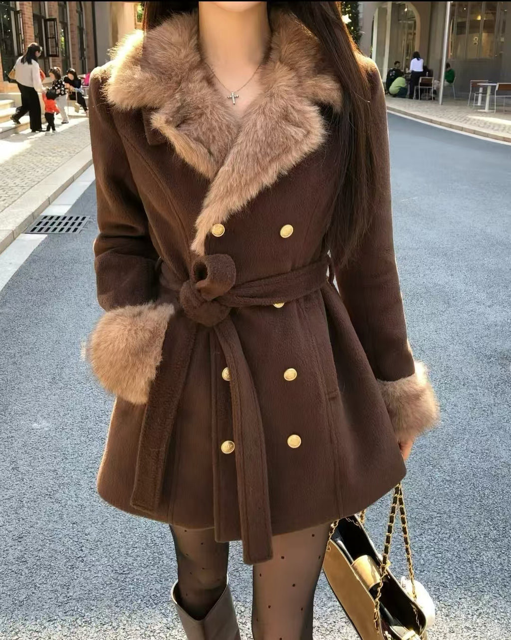 RR Brown Faux Fur Collar Winter Coat for Women | Belted Double Breasted Overcoat