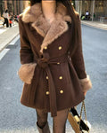 RR Brown Faux Fur Collar Winter Coat for Women | Belted Double Breasted Overcoat